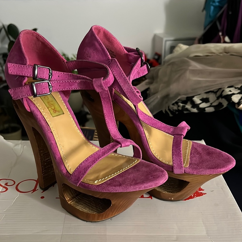 Pink suede platform heels